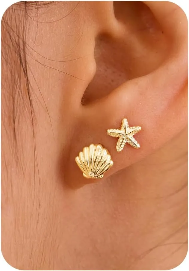 Gold Earrings for Women - 2 Pairs 14K Gold/Silver Plated Small Shell, Starfish, Turtle, Seahorse, Octopus, Cicada Stud Earrings Set Summer Beachy Jewelry for Women Gifts