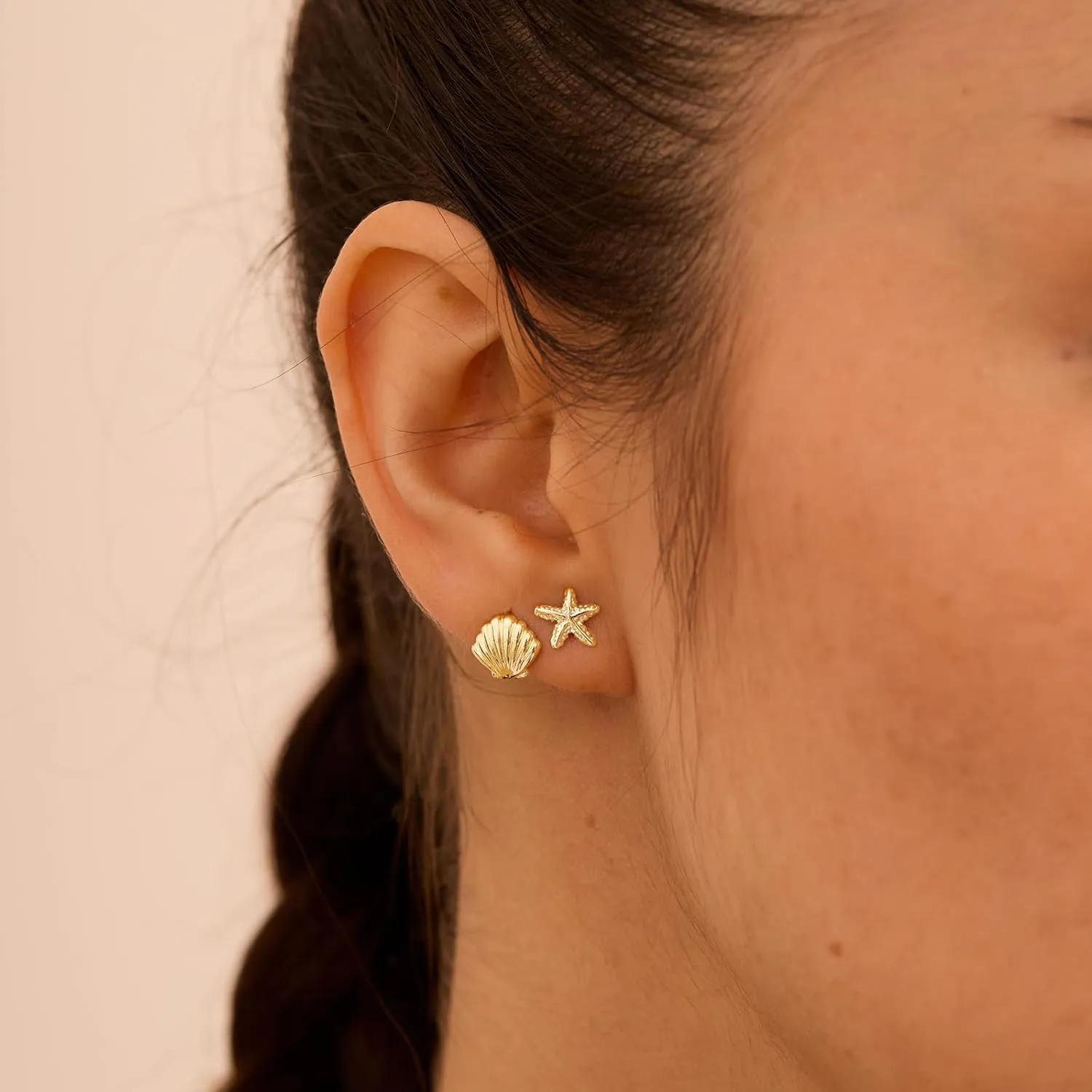 Gold Earrings for Women - 2 Pairs 14K Gold/Silver Plated Small Shell, Starfish, Turtle, Seahorse, Octopus, Cicada Stud Earrings Set Summer Beachy Jewelry for Women Gifts