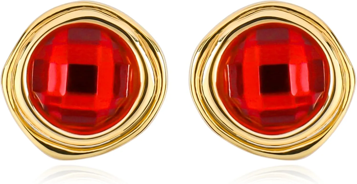 Gold Irregular Round Stud Earrings for Women 14K Gold Plated Crystal Rhinestone Stud Earrings Cubic Zirconia Statement Earrings Trendy Party Jewelry Gift for Women, Vintage Red Gemstone & Transparent