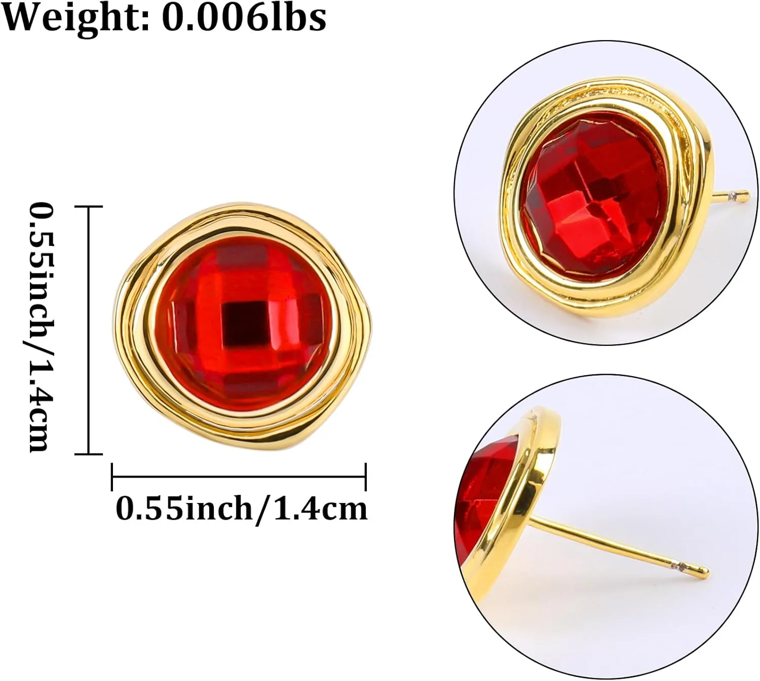 Gold Irregular Round Stud Earrings for Women 14K Gold Plated Crystal Rhinestone Stud Earrings Cubic Zirconia Statement Earrings Trendy Party Jewelry Gift for Women, Vintage Red Gemstone & Transparent