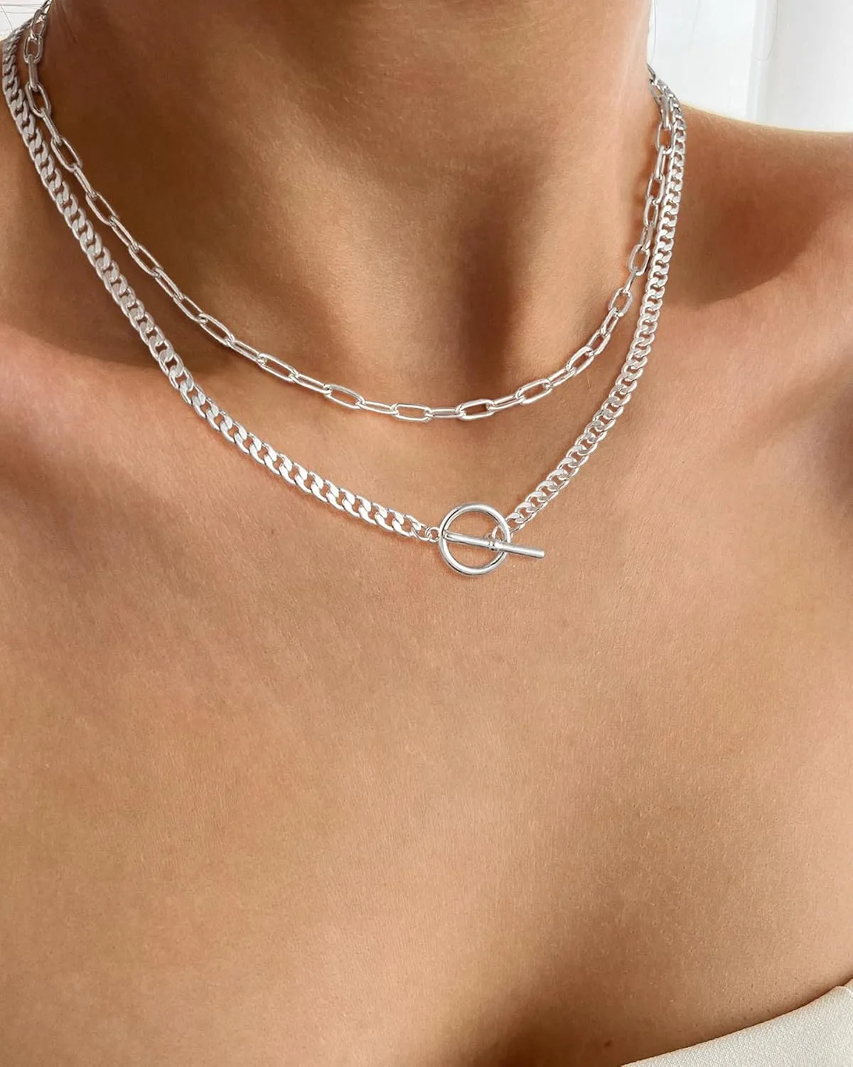 Gold Layered Necklaces for Women, 14K Gold Silver Chunky Chain Necklace Trendy Cuban Link Paperclip Chain Toggle Clasp Dainty Necklace Stacks Non Tarnish Jewelry for Women