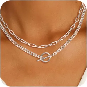 Gold Layered Necklaces for Women, 14K Gold Silver Chunky Chain Necklace Trendy Cuban Link Paperclip Chain Toggle Clasp Dainty Necklace Stacks Non Tarnish Jewelry for Women