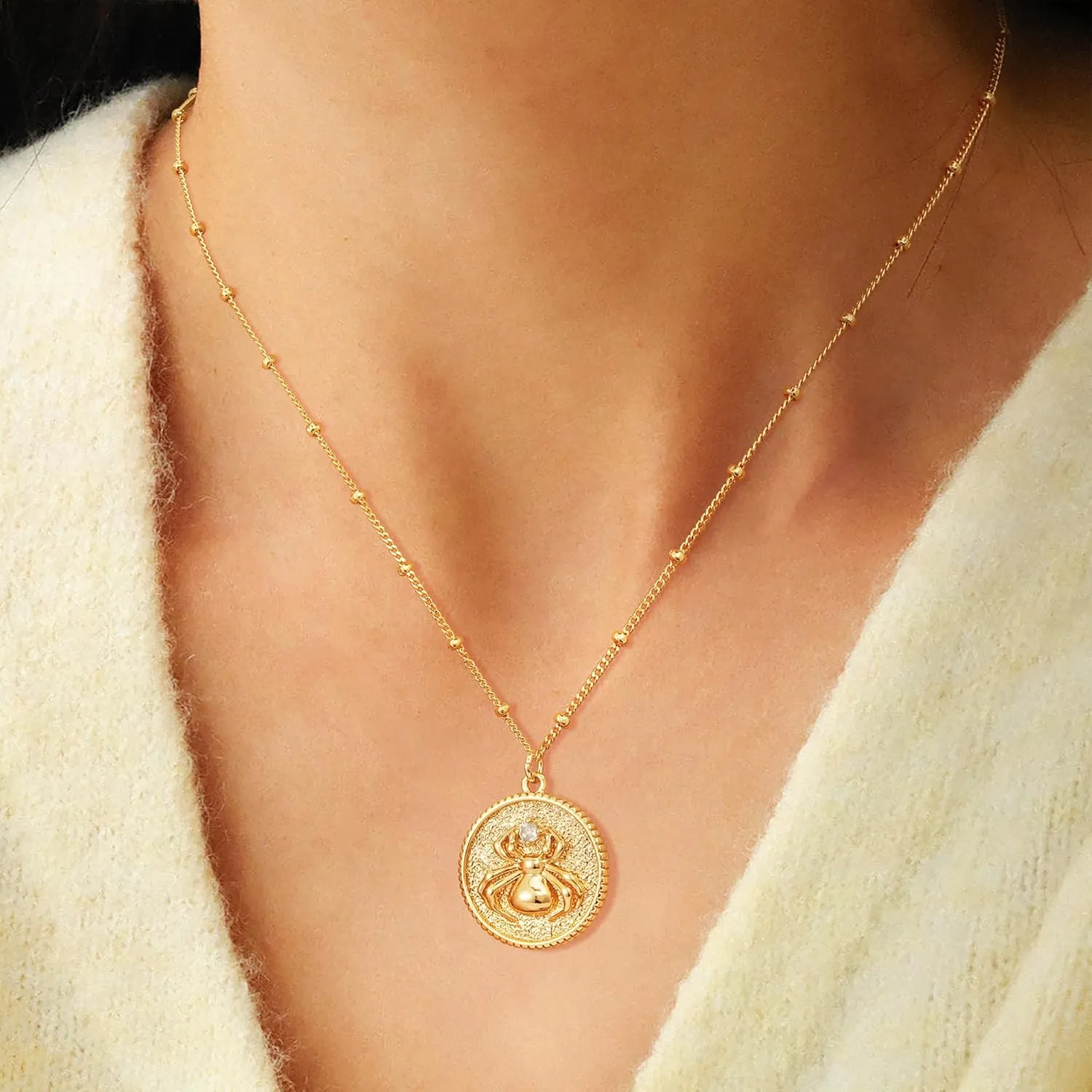 Gold Necklace for Women Trendy 14K Gold Plated Cubic Zirconia Hamsa Coin Eye Pendant Necklace Handmade Protection Gold Jewelry Gifts