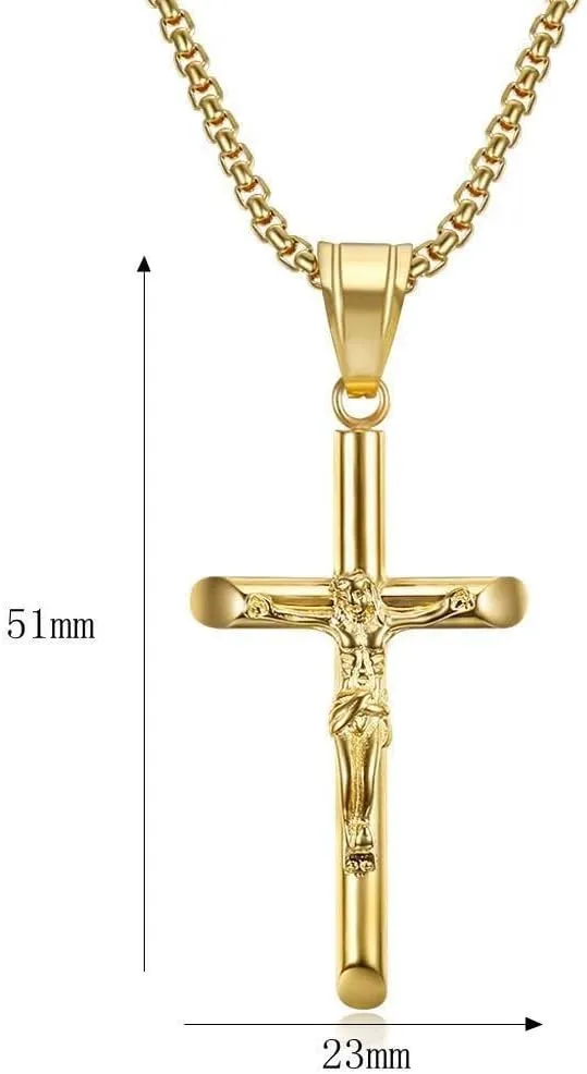 Gold Plated Crucifix Cross Pendant Necklace with Chain, Crucifix Cross Necklace 18K Gold Plated Cross Pendant with 3mm 23.62" Rope Chain for Men Women
