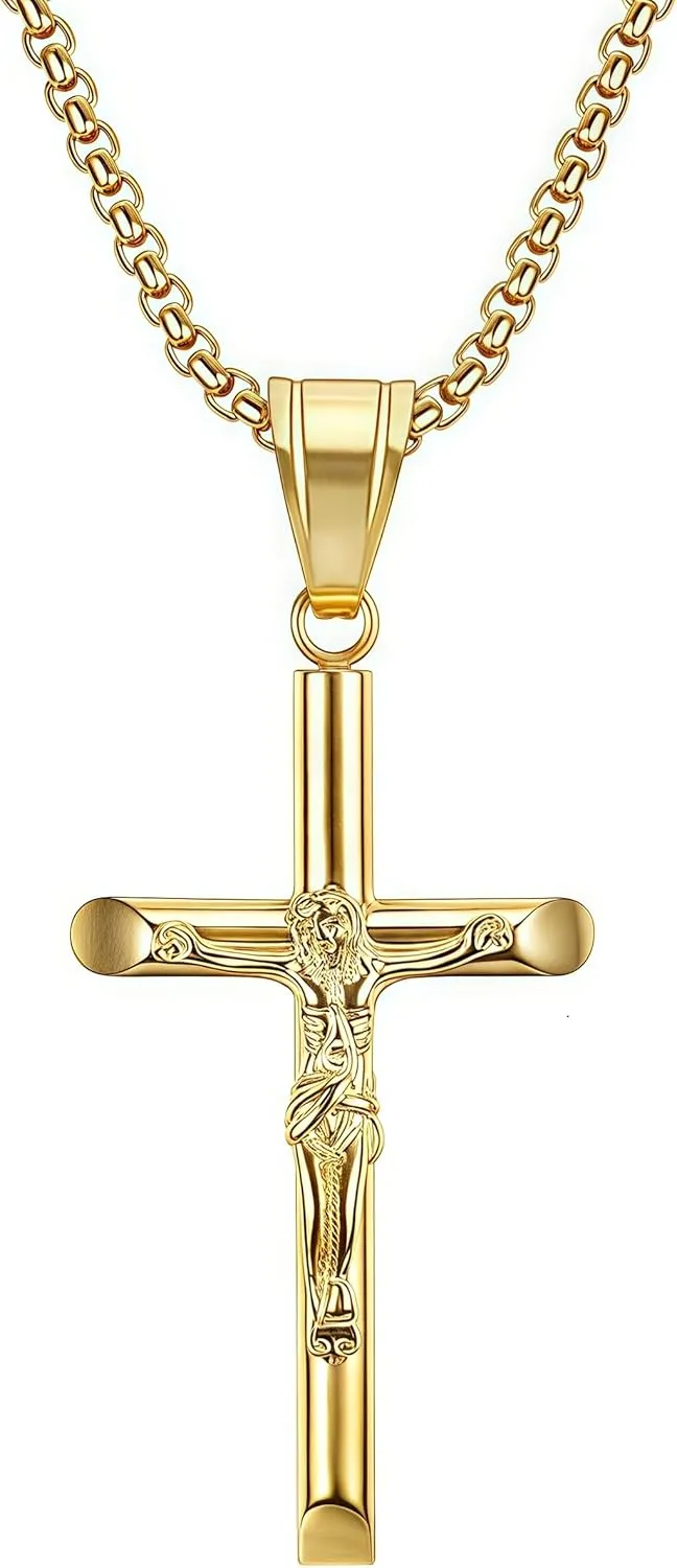 Gold Plated Crucifix Cross Pendant Necklace with Chain, Crucifix Cross Necklace 18K Gold Plated Cross Pendant with 3mm 23.62" Rope Chain for Men Women