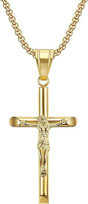 Gold Plated Crucifix Cross Pendant Necklace with Chain, Crucifix Cross Necklace 18K Gold Plated Cross Pendant with 3mm 23.62" Rope Chain for Men Women