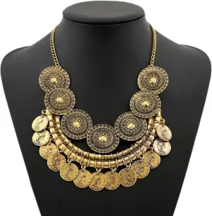 Gold Statement Necklace for Women - Boho Body Chains Vintage Engraved Coin Bib Tassel Chunky Indian Exaggerated Jewelry Collared Necklace Rhinestone Chest Chain Beach Bikini (Style-B)
