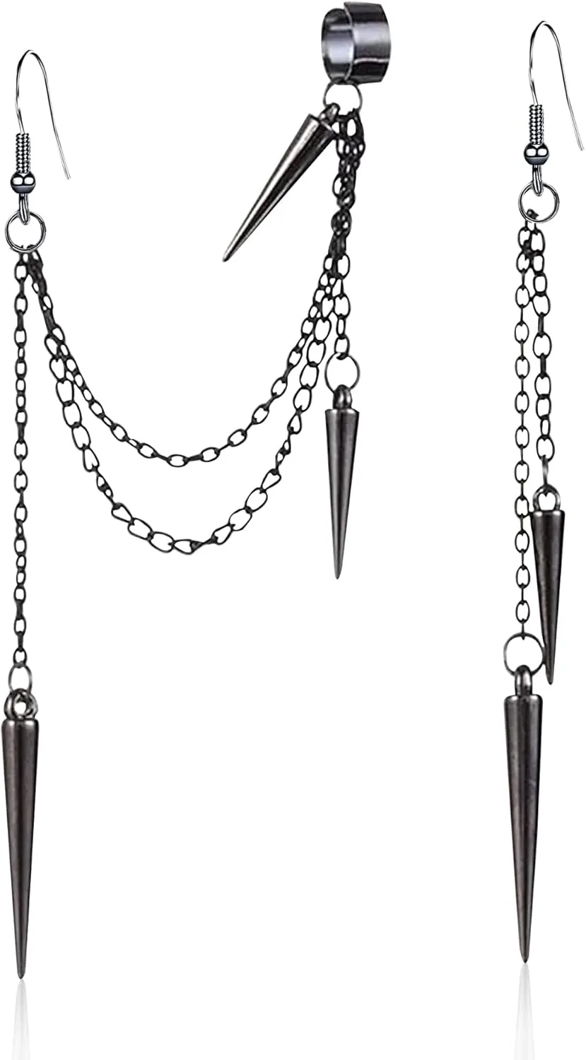 Goth Witchy Lightweight Unique Black Punk Long Tassel Chain Ear Cuff Earrings Stainless Steel Vintage Barrel Nails Crawler Climer Dangle Drop Earrings for Men Women Unisex