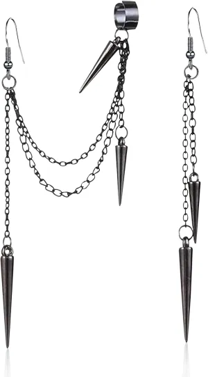 Goth Witchy Lightweight Unique Black Punk Long Tassel Chain Ear Cuff Earrings Stainless Steel Vintage Barrel Nails Crawler Climer Dangle Drop Earrings for Men Women Unisex