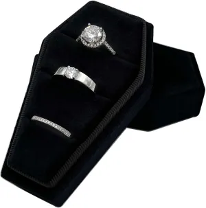 Gothic Coffin Ring Box 3 Slots - Premium Handmade Velvet Wedding Engagement Three Rings Bearer Holder Triple Vintage Proposal Organizer for Ceremony Halloween Christmas Goth Party (Black)