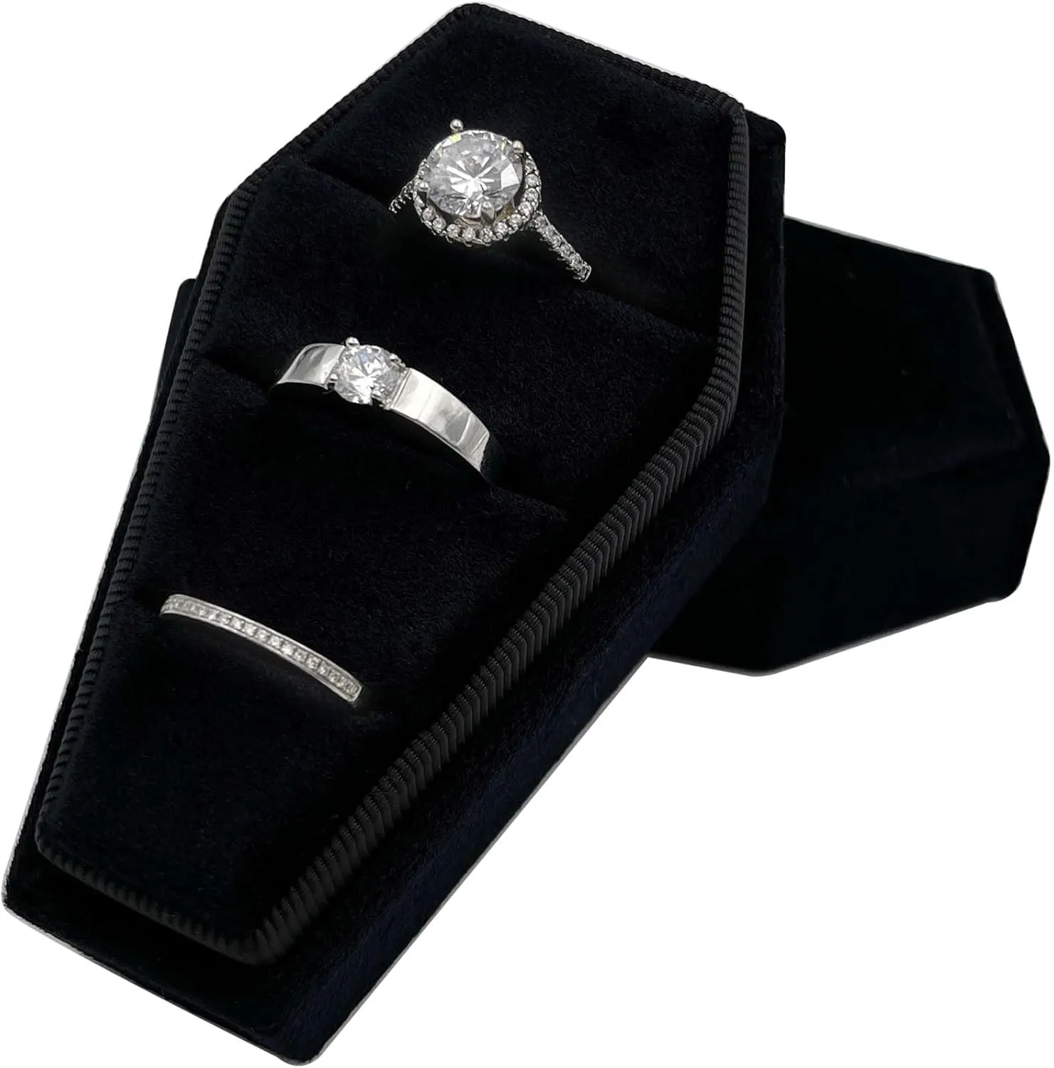 Gothic Coffin Ring Box 3 Slots - Premium Handmade Velvet Wedding Engagement Three Rings Bearer Holder Triple Vintage Proposal Organizer for Ceremony Halloween Christmas Goth Party (Black)