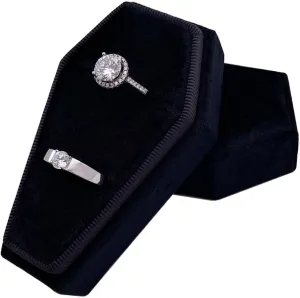 Gothic Coffin Ring Box - Premium Handmade Velvet Wedding Engagement Rings Bearer Holder Double Slots Vintage Proposal Organizer for Ceremony Halloween Christmas Goth Party (Black)