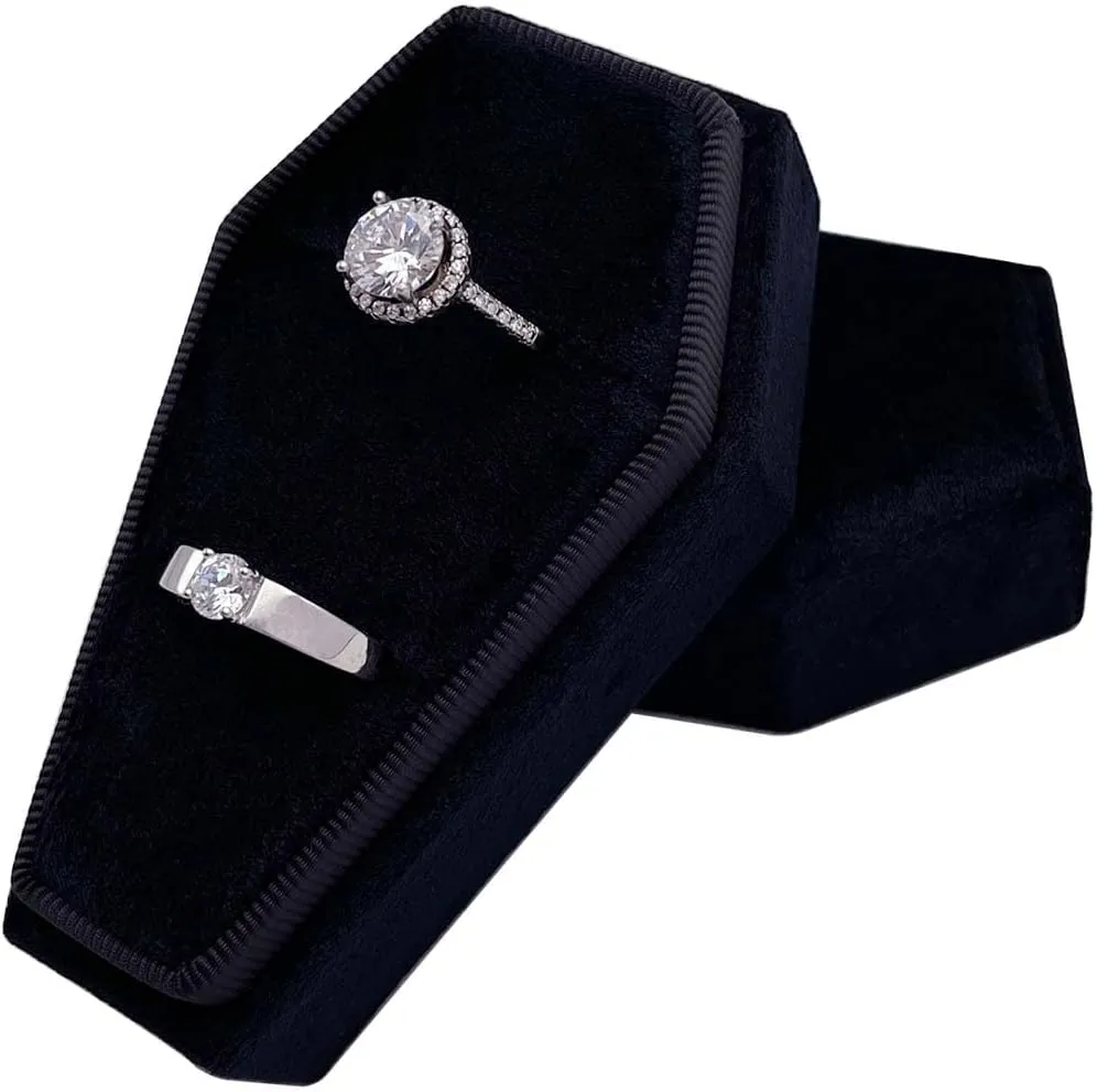 Gothic Coffin Ring Box - Premium Handmade Velvet Wedding Engagement Rings Bearer Holder Double Slots Vintage Proposal Organizer for Ceremony Halloween Christmas Goth Party (Black)