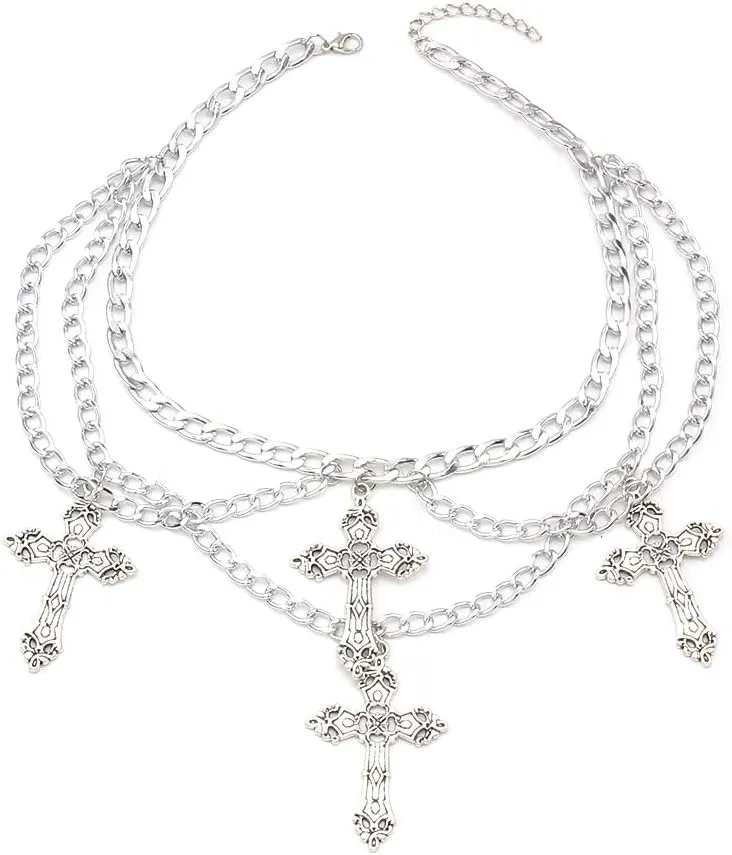 Gothic Cross Choker Statement Necklace for Women Men Chunky Vintage Crucifix Religious Pendant Multilayer Retro Thick Cuban Link Chain Charm Cool Y2k Hip Hop Necklaces Rock Punk Goth Halloween Christmas Jewelry Gift