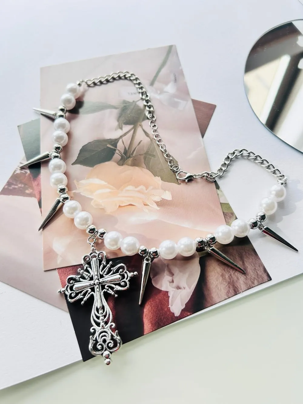 Gothic Cross Pearl Choker Necklace Y2k Chrome Silver Western Statement Chunky Cross Charm Necklace Heart Romantic Goth Cross Spiked Emo Grunge Ball Chain Necklace for Women