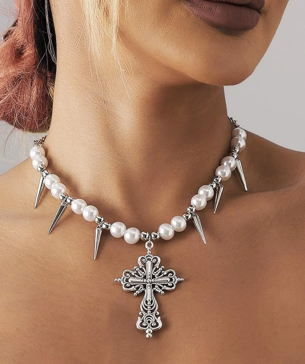 Gothic Cross Pearl Choker Necklace Y2k Chrome Silver Western Statement Chunky Cross Charm Necklace Heart Romantic Goth Cross Spiked Emo Grunge Ball Chain Necklace for Women