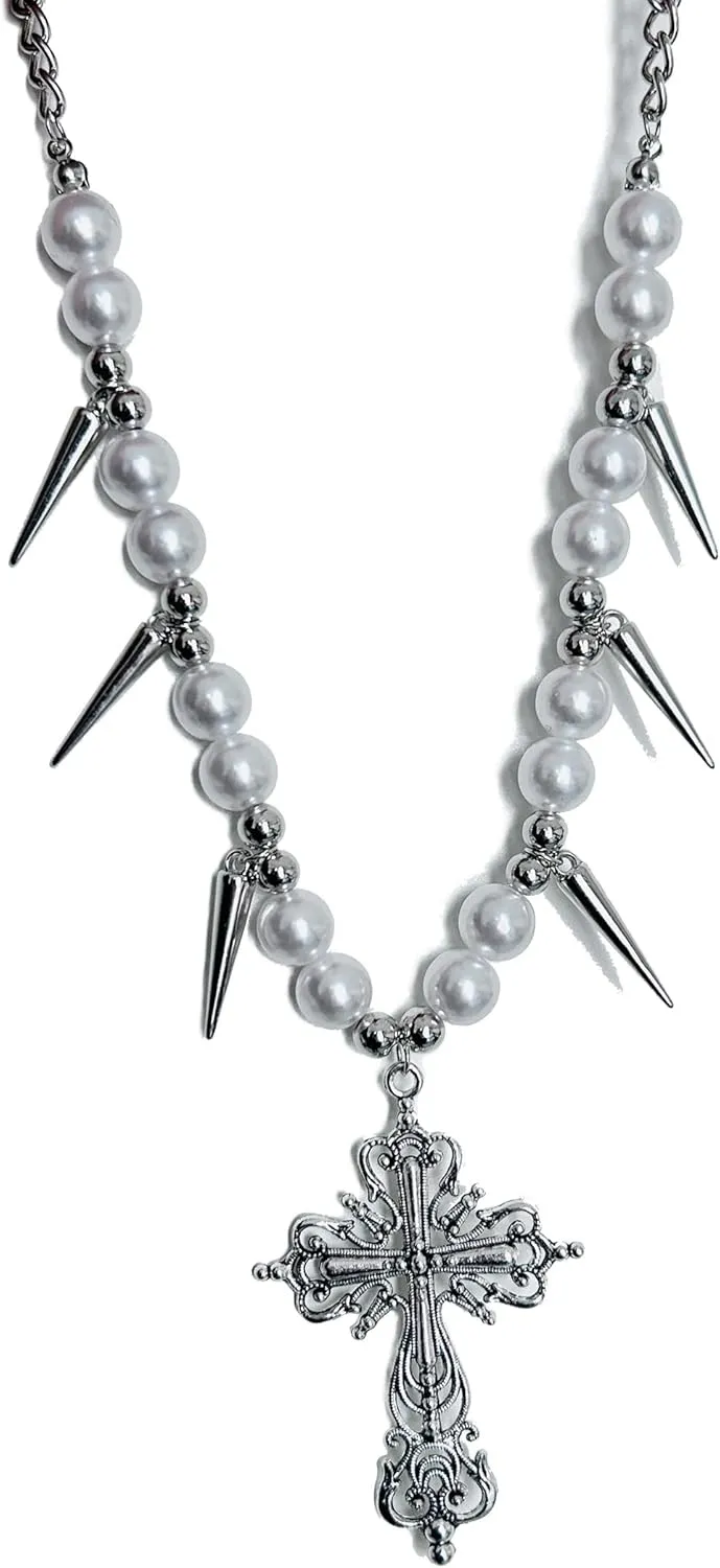 Gothic Cross Pearl Choker Necklace Y2k Chrome Silver Western Statement Chunky Cross Charm Necklace Heart Romantic Goth Cross Spiked Emo Grunge Ball Chain Necklace for Women