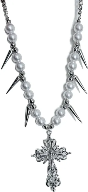 Gothic Cross Pearl Choker Necklace Y2k Chrome Silver Western Statement Chunky Cross Charm Necklace Heart Romantic Goth Cross Spiked Emo Grunge Ball Chain Necklace for Women