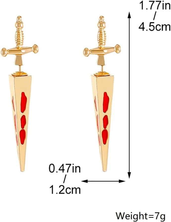 Gothic Crystal Sword Drop Dangle Earrings for Women, Unique Goth Red Rhinestone Dagger Knife Spike Statement Studs Earrings Halloween Jewelry Gifts