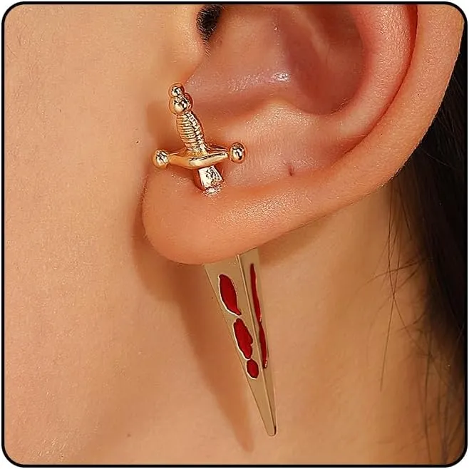 Gothic Crystal Sword Drop Dangle Earrings for Women, Unique Goth Red Rhinestone Dagger Knife Spike Statement Studs Earrings Halloween Jewelry Gifts