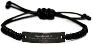 Grandmother Inspirational Black Rope Bracelet Luke 18:1 Gifts for Grandma, Christmas, Birthday, Hope and Prayer Jewelry