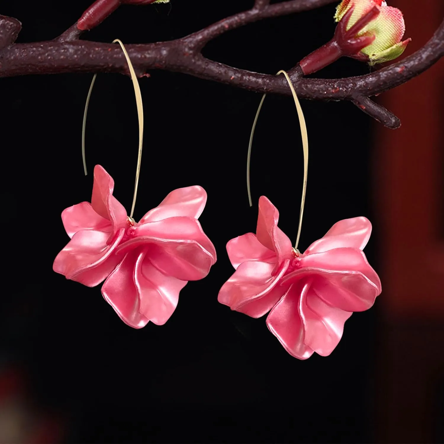 Handmade Bohemian Acrylic Large Flower Dangle Drop Earrings Unique Resin Tiered Petal Flower Line Earrings for Women