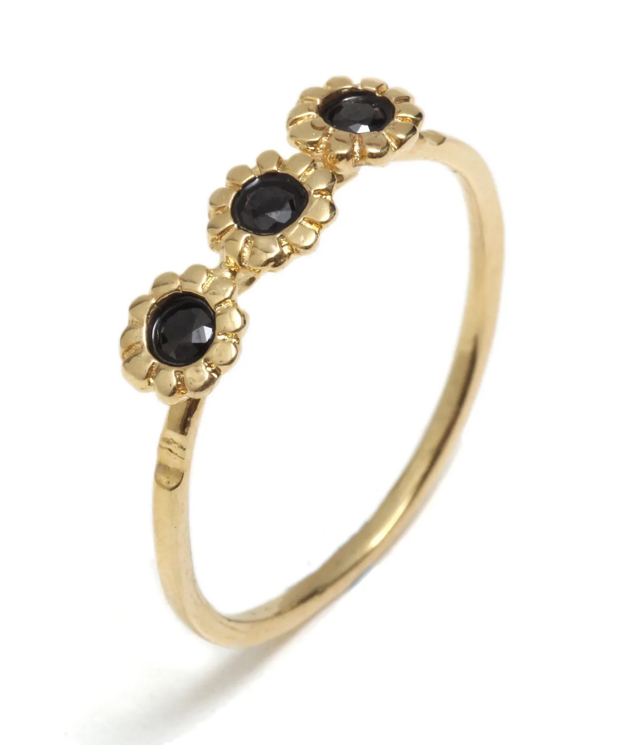 Handmade Designer Delicate Dainty 3 Flowers Stacking Ring inlaid with Colorful Gemstones, 9K Solid Yellow Gold, Sizes US 1.5-11.75
