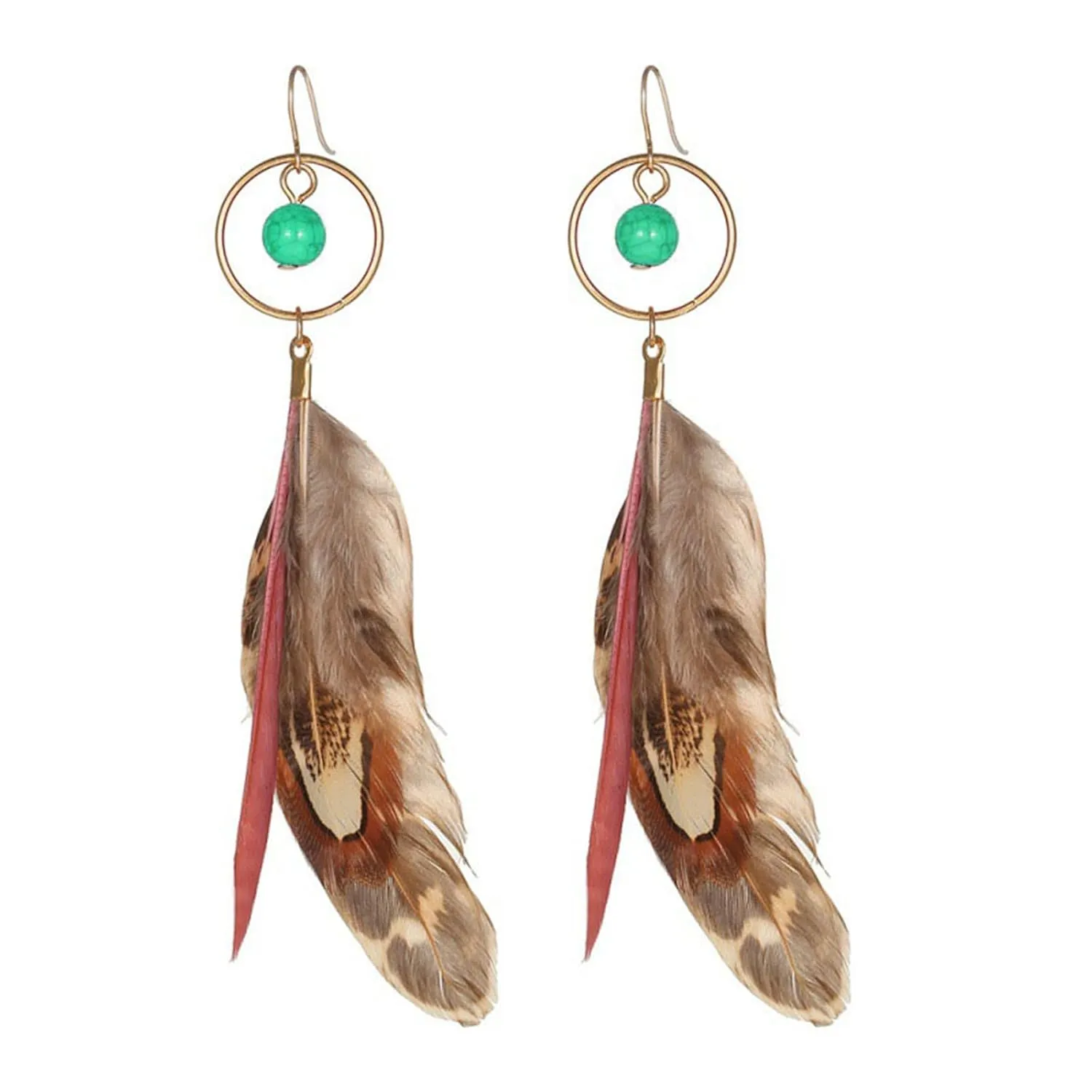 Handmade Feather Earrings for Women Girls Trendy Long Punk Vintage Boho Natural Ethnic Beads Tassel Feather Dangle Drop Earrings Boho Statement Party Jewelry Gifts (Circle Green Bead Feather)