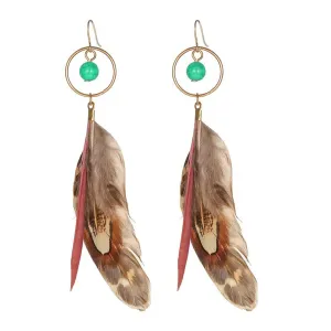 Handmade Feather Earrings for Women Girls Trendy Long Punk Vintage Boho Natural Ethnic Beads Tassel Feather Dangle Drop Earrings Boho Statement Party Jewelry Gifts (Circle Green Bead Feather)