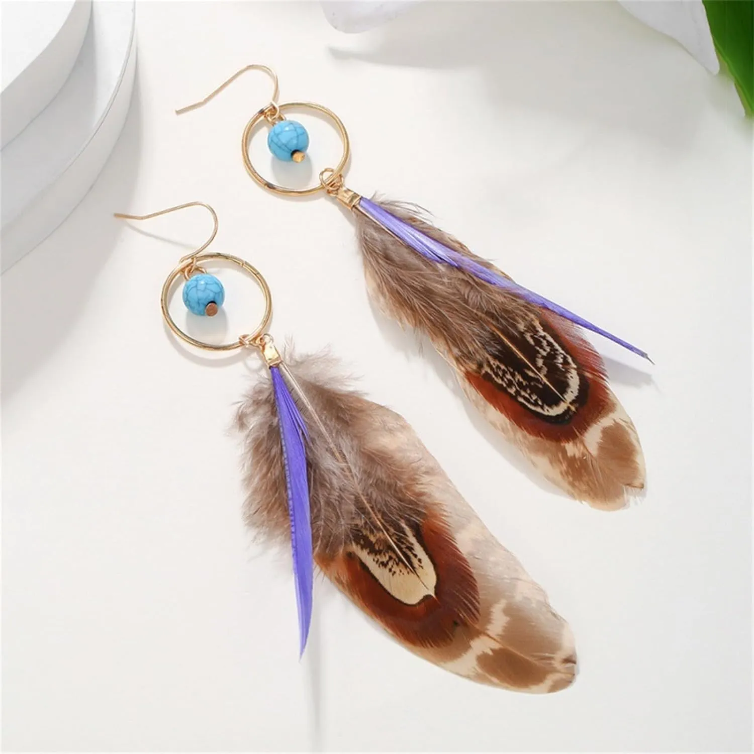 Handmade Feather Earrings for Women Girls Trendy Long Punk Vintage Boho Natural Ethnic Beads Tassel Feather Dangle Drop Earrings Boho Statement Party Jewelry Gifts (Circle Green Bead Feather)