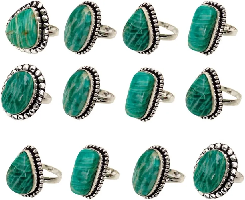 Handmade Natural Amazonite Gemstone Rings 925 Sterling Silver Plated Ring Women's Jewelry Lot Pcs Gift for Women