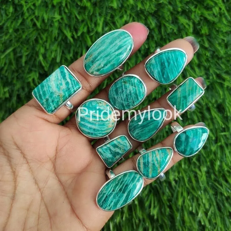 Handmade Natural Amazonite Gemstone Rings 925 Sterling Silver Plated Ring Women's Jewelry Lot Pcs Gift for Women