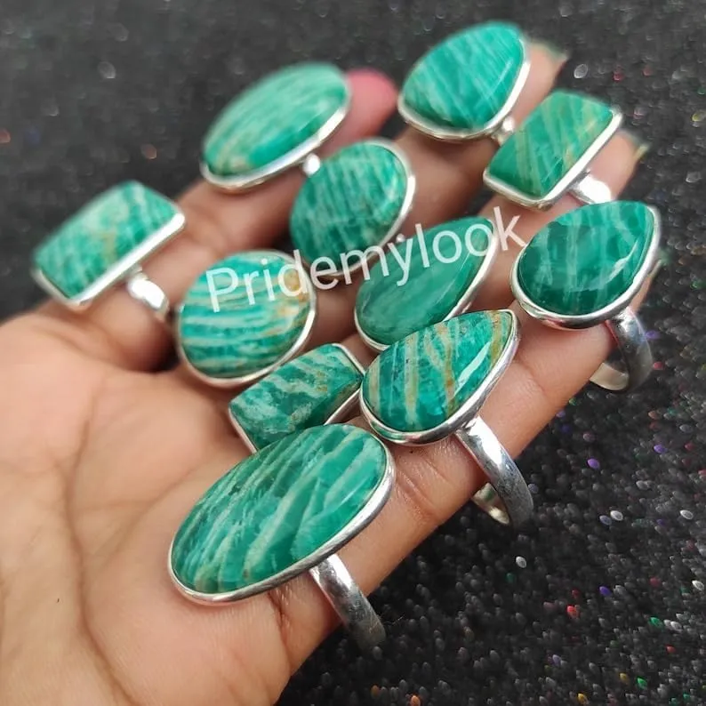 Handmade Natural Amazonite Gemstone Rings 925 Sterling Silver Plated Ring Women's Jewelry Lot Pcs Gift for Women