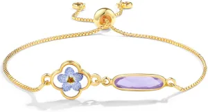 Handmade Pressed Forget-Me-Not Flower Birthstone Bracelet - Real Flower Resin Jewelry - Adjustable Gold Clover Charm Bracelet for Women - Personalized Gift