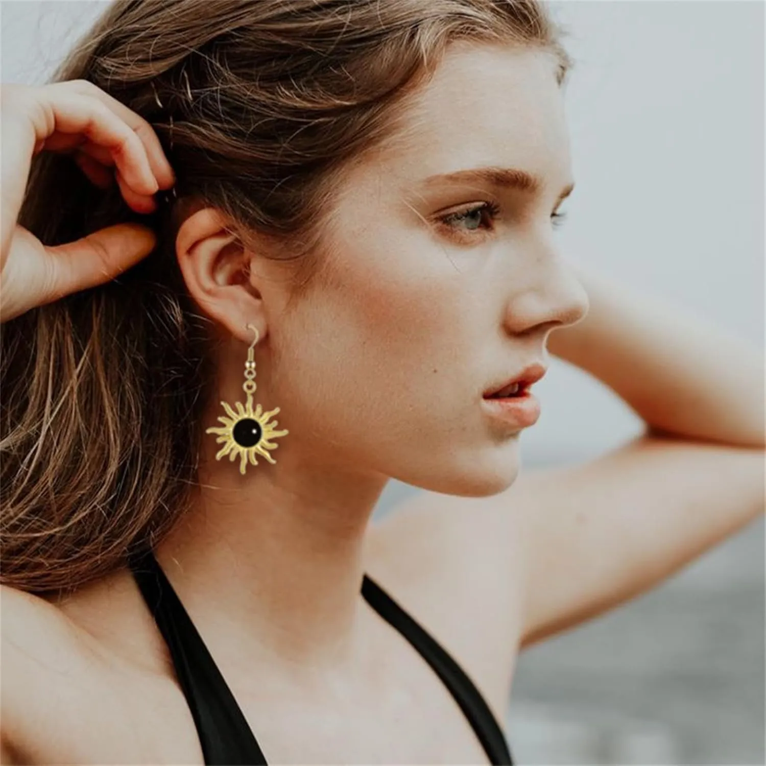 Handmade Sun Earrings for Women Girls Unique Dainty Simple 14K Gold Vintage Boho Sun Orange Crystal Handmade Gemstone Hippie Earrings Sun Jewelry Gifts (Black)