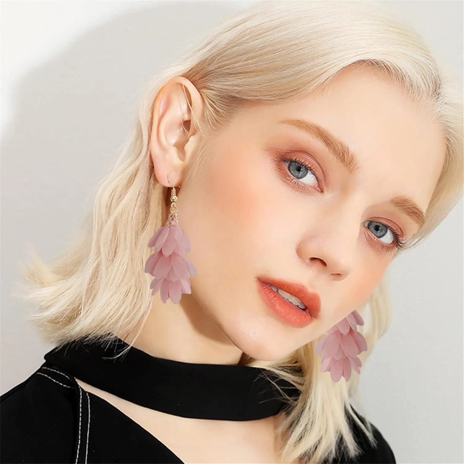 Handmade Unique Bohemian Long Fabric Flower Tassel Dangle Drop Earrings Cute Lightweight Floral Petals Earring for Women