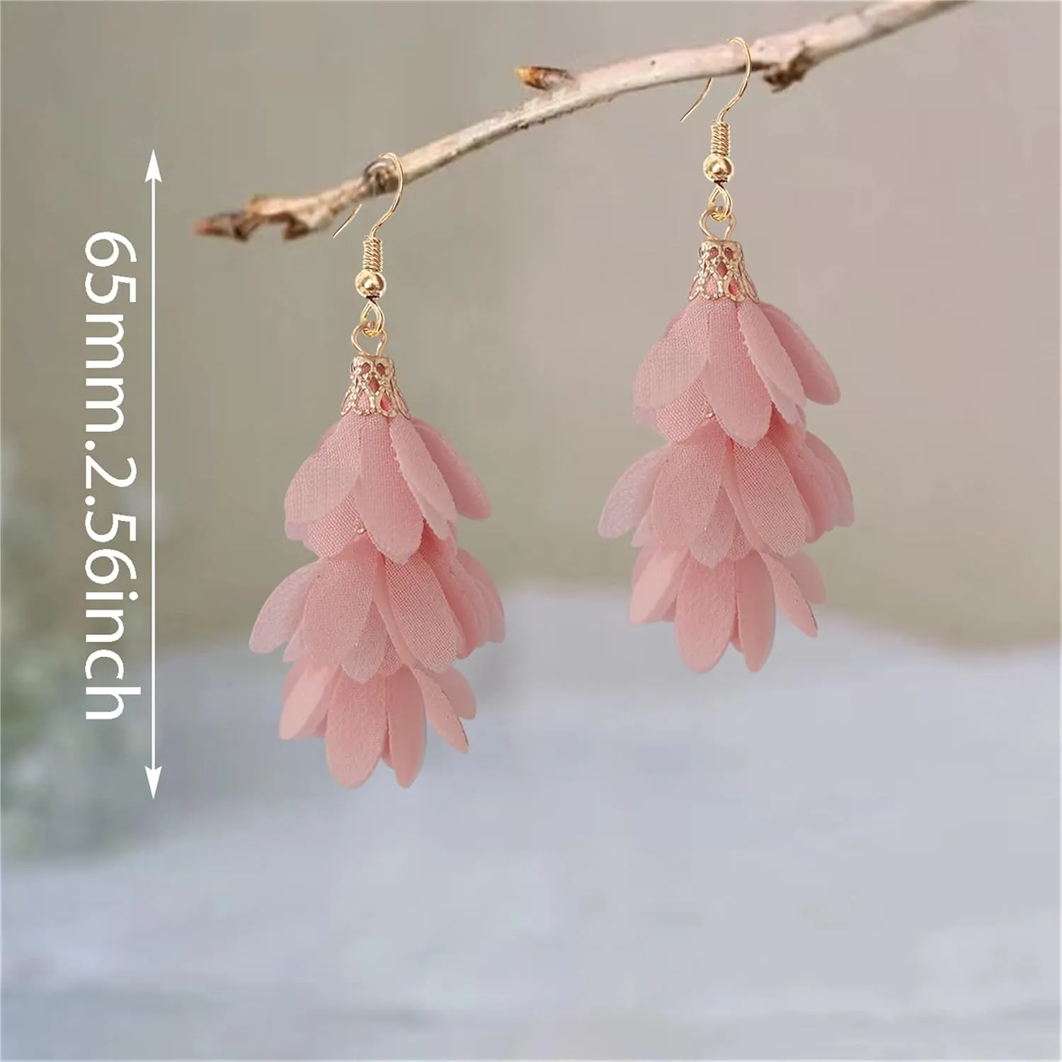 Handmade Unique Bohemian Long Fabric Flower Tassel Dangle Drop Earrings Cute Lightweight Floral Petals Earring for Women