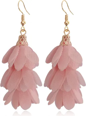 Handmade Unique Bohemian Long Fabric Flower Tassel Dangle Drop Earrings Cute Lightweight Floral Petals Earring for Women