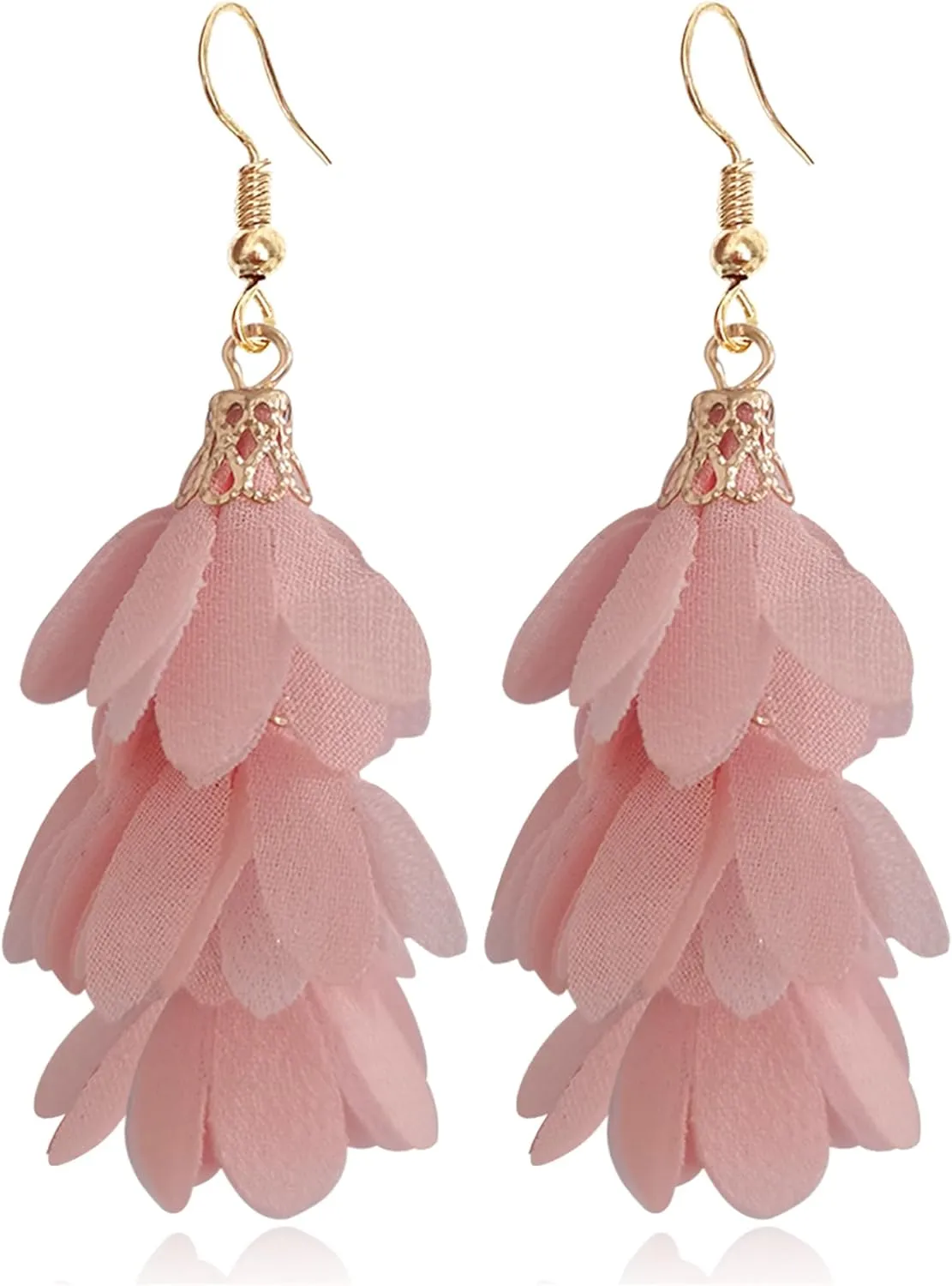 Handmade Unique Bohemian Long Fabric Flower Tassel Dangle Drop Earrings Cute Lightweight Floral Petals Earring for Women