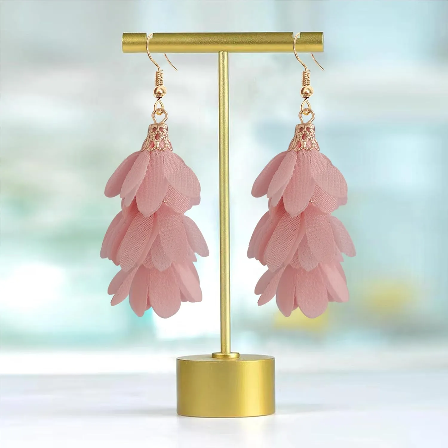 Handmade Unique Bohemian Long Fabric Flower Tassel Dangle Drop Earrings Cute Lightweight Floral Petals Earring for Women
