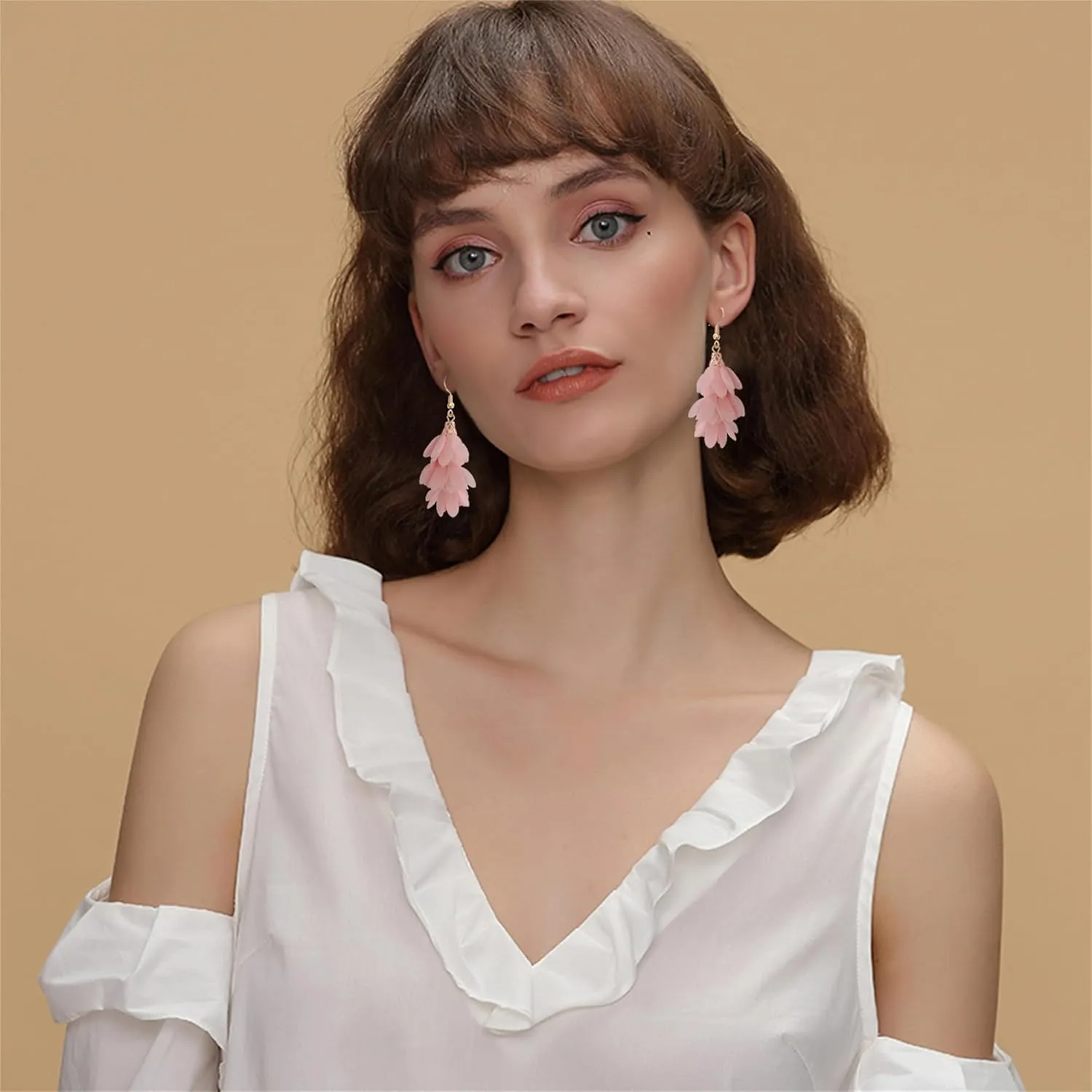 Handmade Unique Bohemian Long Fabric Flower Tassel Dangle Drop Earrings Cute Lightweight Floral Petals Earring for Women