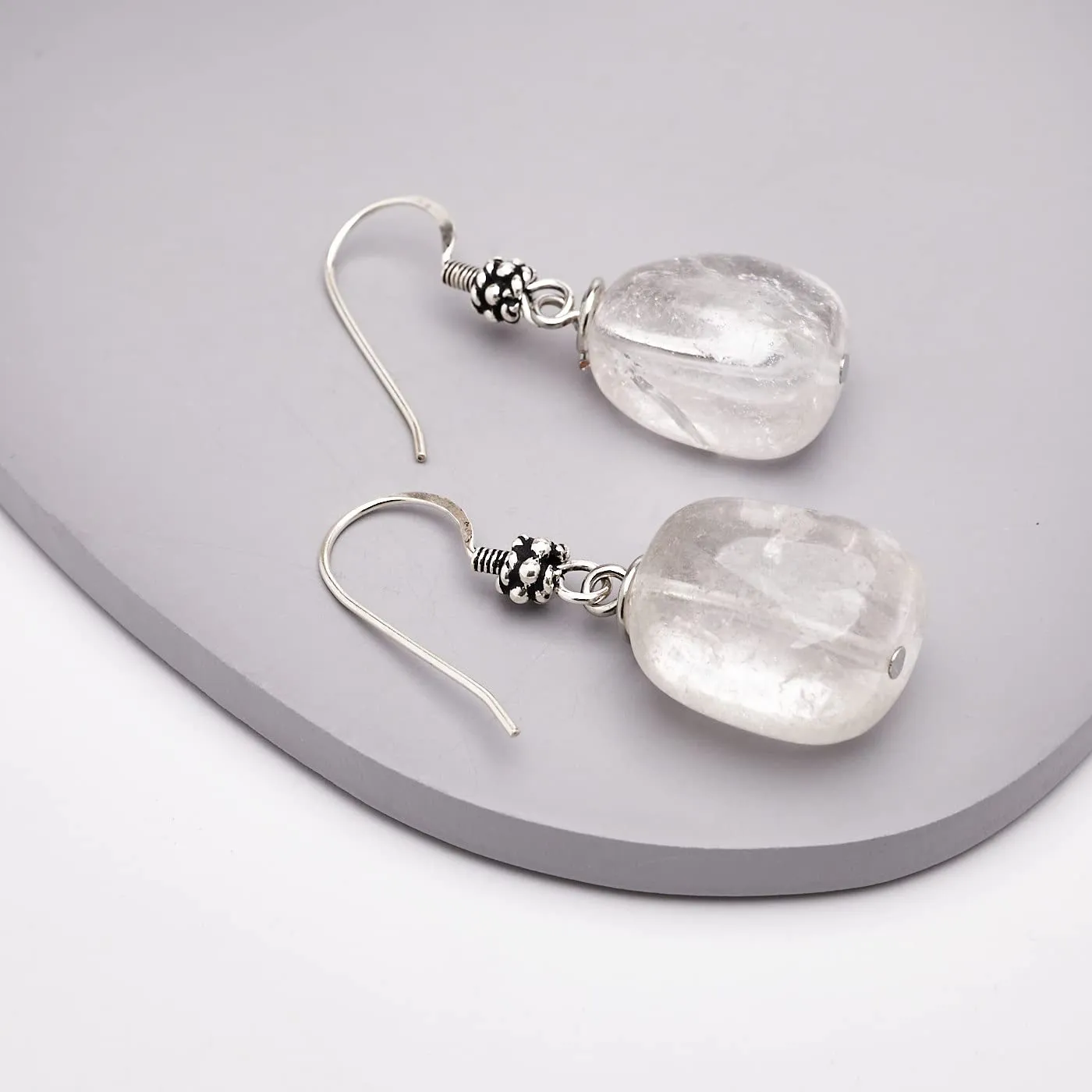 Handmade Women's Beaded Earrings | Unique Natural Gemstone Dangle Drop Earrings with 925 Sterling Silver Hooks | Gift Ideas for Women, Girls (Clear Quartz)