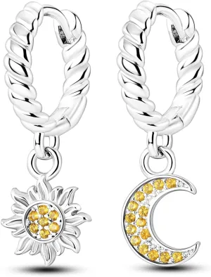 Hapour 925 Sterling Silver Earrings, Sun and Moon Dangle Earrings with Cubic Zirconia Unique Jewelry Gift For Women