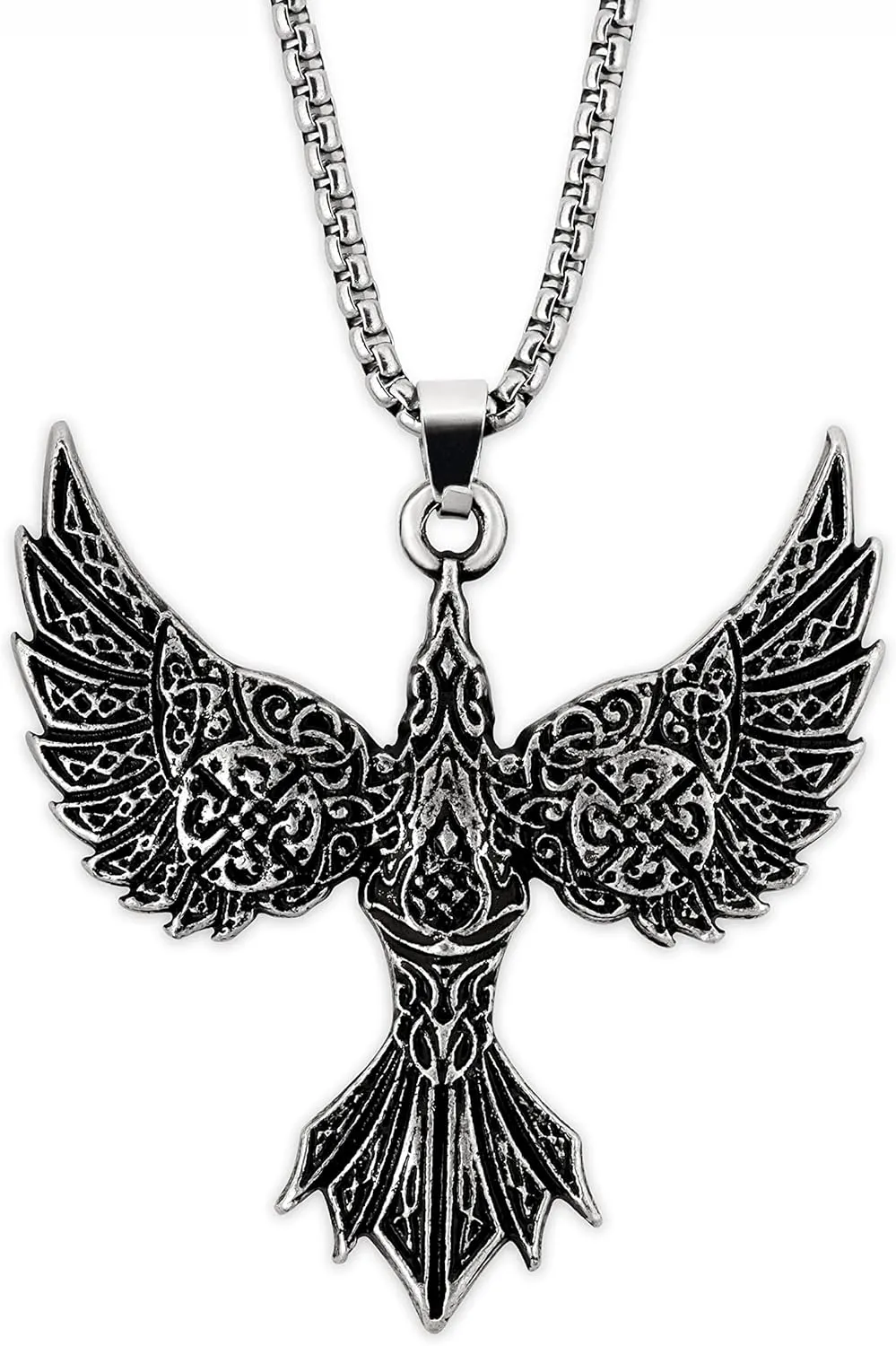HAQUIL Celtic Flying Raven Totem Pendant Necklace, Box Chain, Jewelry Gift for Men and Women
