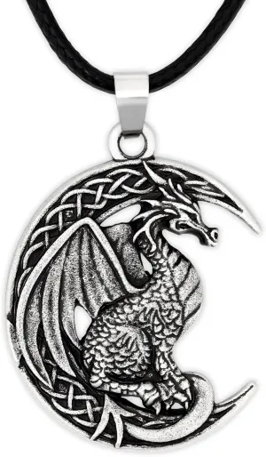 HAQUIL Dragon Necklace, Antique Medieval Dragon Pendant, Faux Leather Cord, Jewelry Gift for Men and Women