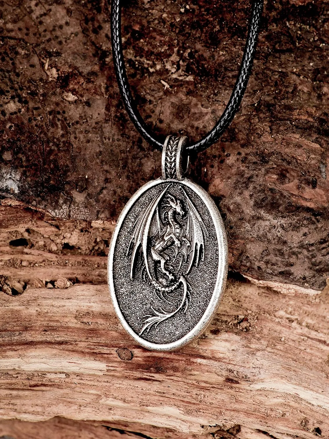 HAQUIL Dragon Necklace, Antique Medieval Dragon Pendant, Faux Leather Cord, Jewelry Gift for Men and Women
