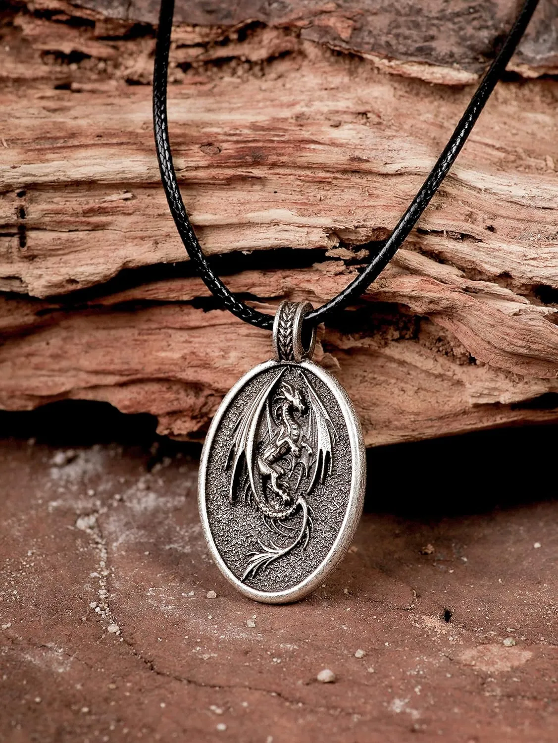 HAQUIL Dragon Necklace, Antique Medieval Dragon Pendant, Faux Leather Cord, Jewelry Gift for Men and Women