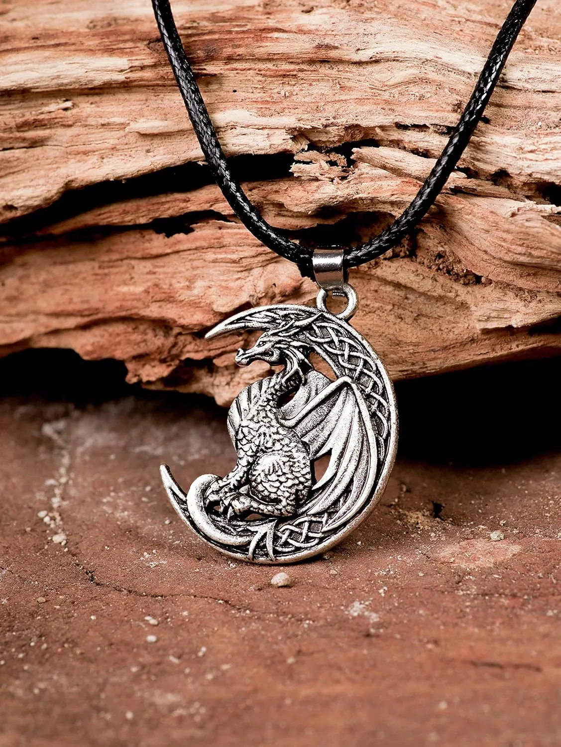 HAQUIL Dragon Necklace, Antique Medieval Dragon Pendant, Faux Leather Cord, Jewelry Gift for Men and Women