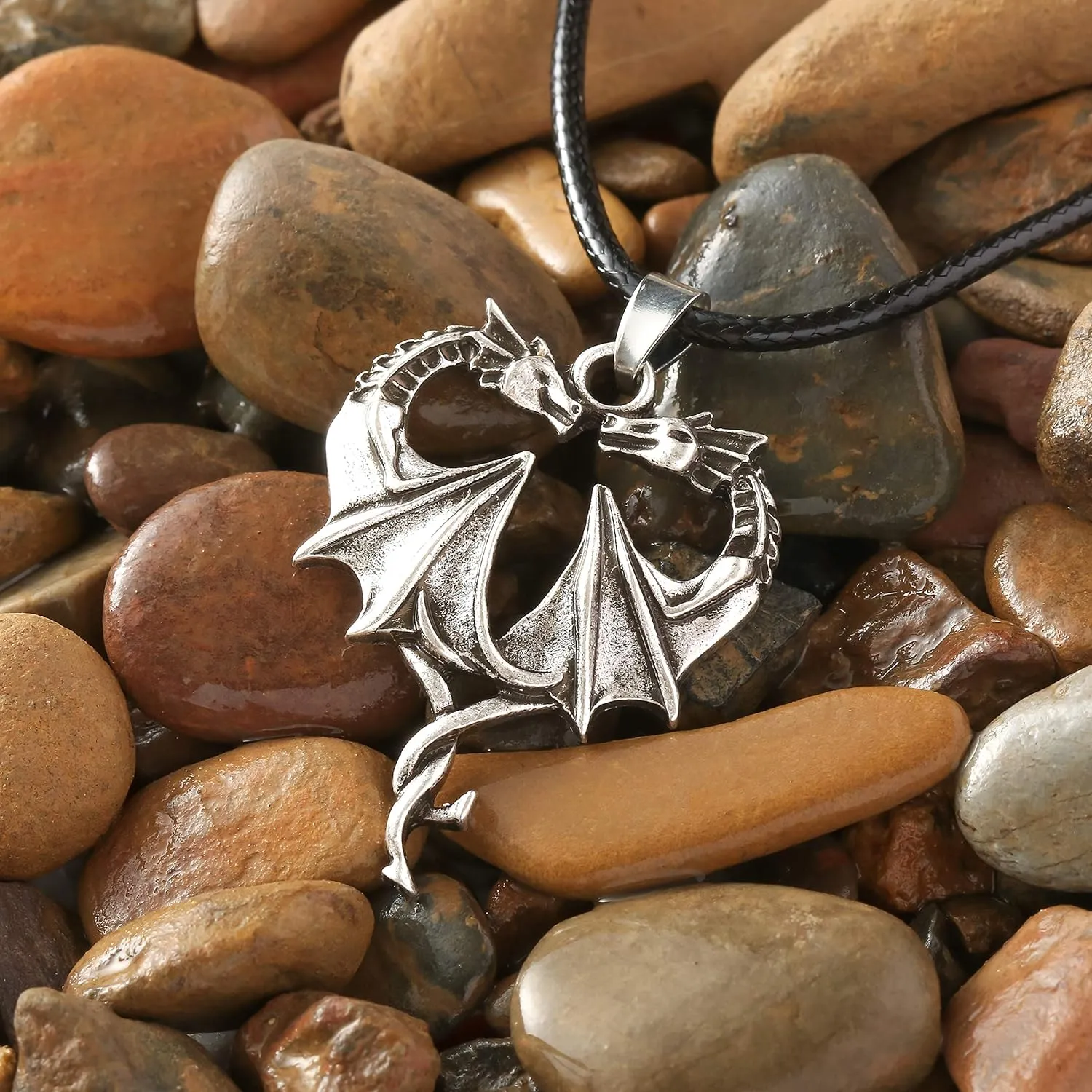 HAQUIL Dragon Necklace, Antique Medieval Dragon Pendant, Faux Leather Cord, Jewelry Gift for Men and Women