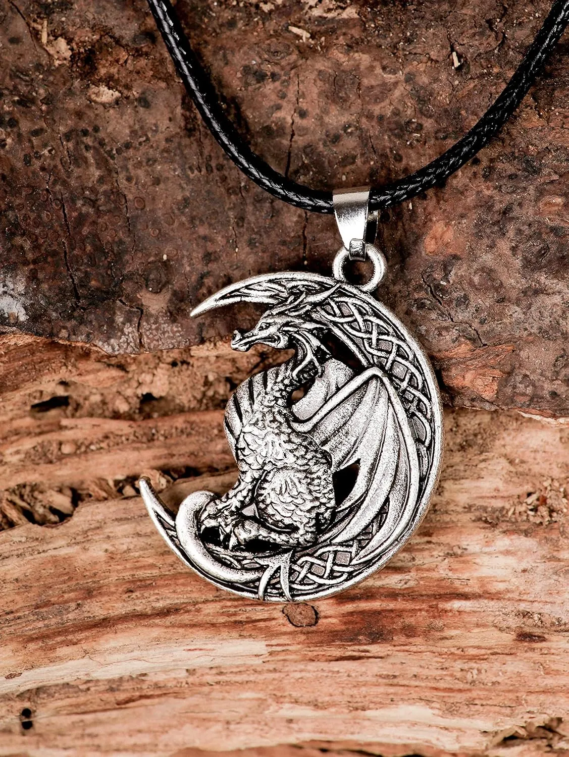 HAQUIL Dragon Necklace, Antique Medieval Dragon Pendant, Faux Leather Cord, Jewelry Gift for Men and Women